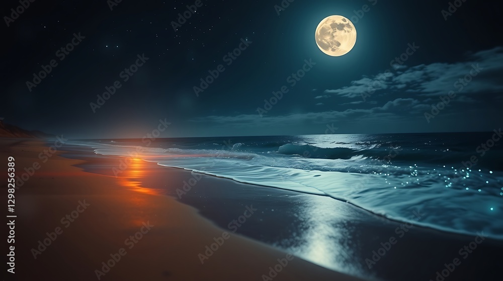 custom made wallpaper toronto digitalnight beach scene, full moon, moonlit ocean waves, sandy shore, distant lighthouse glow, reflective wet sand, dramatic night sky, clouds, serene coastal landscape, ethereal atmosphere, moonlight on wa