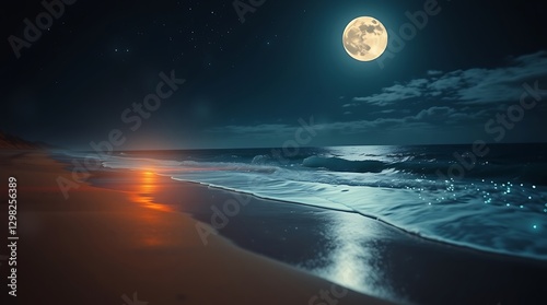 Wallpaper Mural night beach scene, full moon, moonlit ocean waves, sandy shore, distant lighthouse glow, reflective wet sand, dramatic night sky, clouds, serene coastal landscape, ethereal atmosphere, moonlight on wa Torontodigital.ca