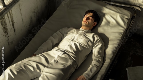 A man is laying on a bed in a hospital room