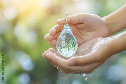Hands holding a water drop, nature background