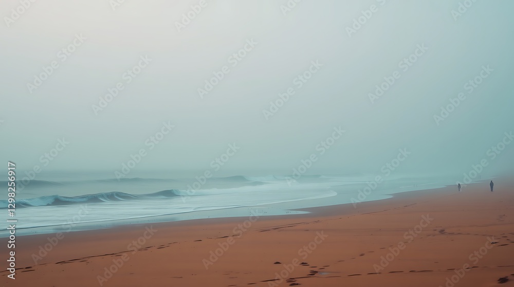 Misty seashore, foggy beach landscape, soft teal sky, gentle waves, sandy orange shoreline, minimalist coastal scene, ethereal atmosphere, hazy horizon, pastel colors, dreamy ocean view, tranquil seas Misty seashore, foggy beach landscape, soft teal sky, gentle waves, sandy orange shoreline, minimalist coastal scene, ethereal atmosphere, hazy horizon, pastel colors, dreamy ocean view, tranquil seas