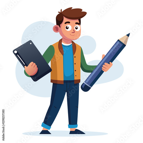Digital art illustrator holding huge electronic pen, sketching and drawing. Professional illustrator. Flat modern illustration isolated vector image on white background 