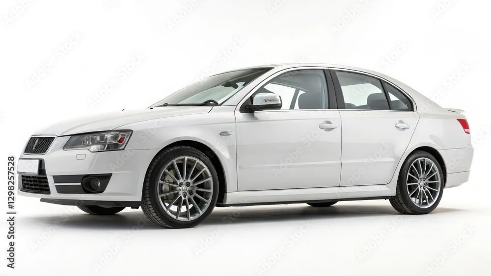 White Sedan, Four-Door Car, Studio Shot White Sedan, Four-Door Car, Studio Shot