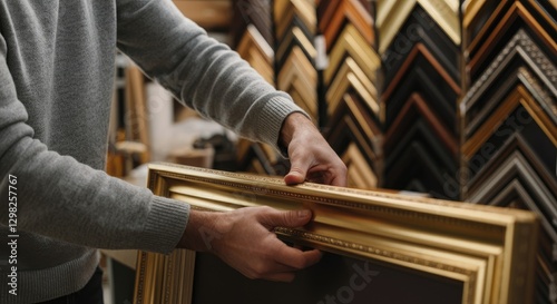 Man framing picture with golden frame in art shop