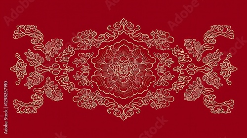 Tibetan Thangka Art Seamless Craft Background, intricate line art design, vibrant colors, suitable for various creative projects, features elegant motifs and ample copy-space