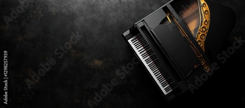 Black grand piano on dark floor, music concept