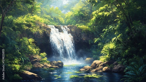 A captivating cascade flows through vibrant green foliage. Mist dances around, with sunlight filtering through, highlighting every leaf and droplet in this serene, lush forest sanctuary