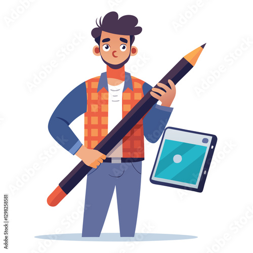 Digital art illustrator holding huge electronic pen, sketching and drawing. Professional illustrator. Flat modern illustration isolated vector image on white background 