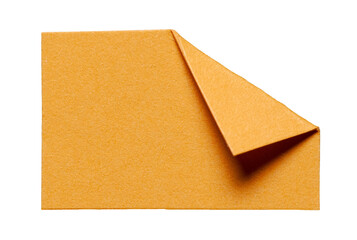 Orange isolated cut out blank paper note cardboard with folded corner dog-ear earmark and copy space for text, transparent png background design element