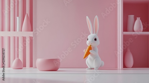 Cute rabbit eating carrot, pink room scene