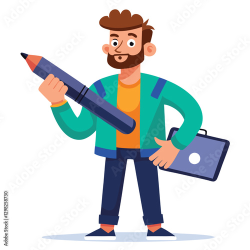 Digital art illustrator holding huge electronic pen, sketching and drawing. Professional illustrator. Flat modern illustration isolated vector image on white background 