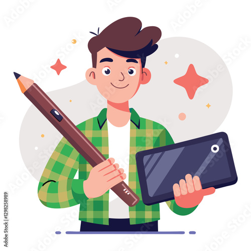 Digital art illustrator holding huge electronic pen, sketching and drawing. Professional illustrator. Flat modern illustration isolated vector image on white background 
