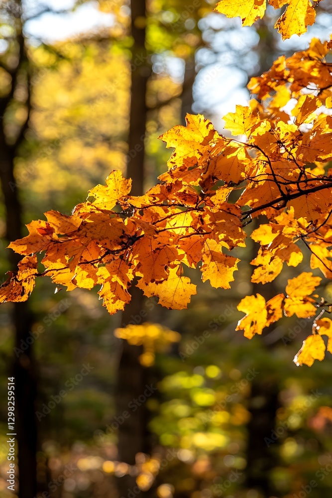 Autumnal Branch Canopy with Amber Leaves in Forest Sunlight Glare Autumnal Branch Canopy with Amber Leaves in Forest Sunlight Glare
