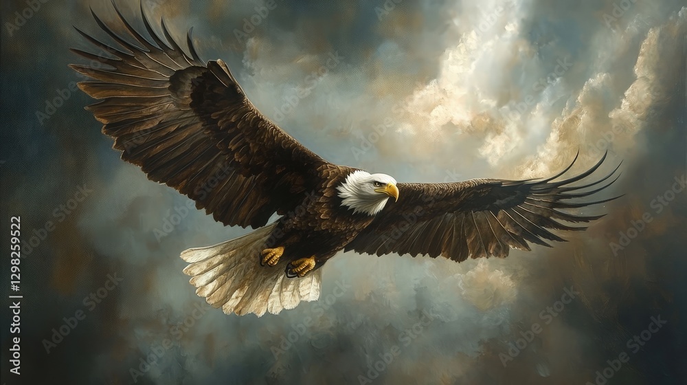 A majestic bald eagle soars through a tempestuous sky, wings unfurled with grace, poised for flight against dramatic clouds, embodying freedom amid chaos A majestic bald eagle soars through a tempestuous sky, wings unfurled with grace, poised for flight against dramatic clouds, embodying freedom amid chaos