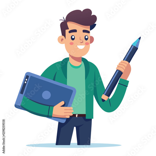 Digital art illustrator holding huge electronic pen, sketching and drawing. Professional illustrator. Flat modern illustration isolated vector image on white background 