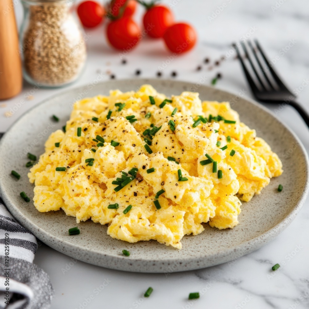 plate of fluffy Scrambled Eggs with Chives plate of fluffy Scrambled Eggs with Chives