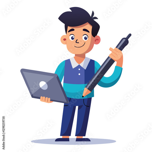 Digital art illustrator holding huge electronic pen, sketching and drawing. Professional illustrator. Flat modern illustration isolated vector image on white background 