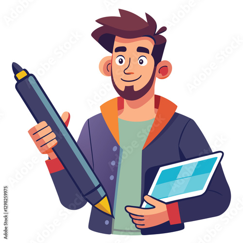 Digital art illustrator holding huge electronic pen, sketching and drawing. Professional illustrator. Flat modern illustration isolated vector image on white background 