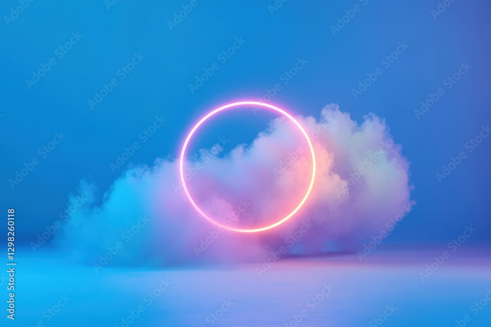 Neon Ring in Clouds against Blue Background Neon Ring in Clouds against Blue Background