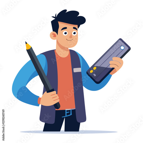 Digital art illustrator holding huge electronic pen, sketching and drawing. Professional illustrator. Flat modern illustration isolated vector image on white background 