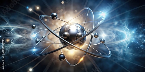 Abstract depiction of a metallic atom model orbiting within a cosmic nebula, representing the fundamental building blocks of matter and the vastness of space