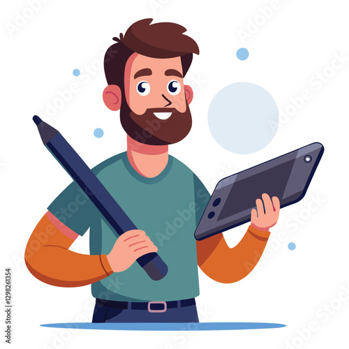 Digital art illustrator holding huge electronic pen, sketching and drawing. Professional illustrator. Flat modern illustration isolated vector image on white background 
