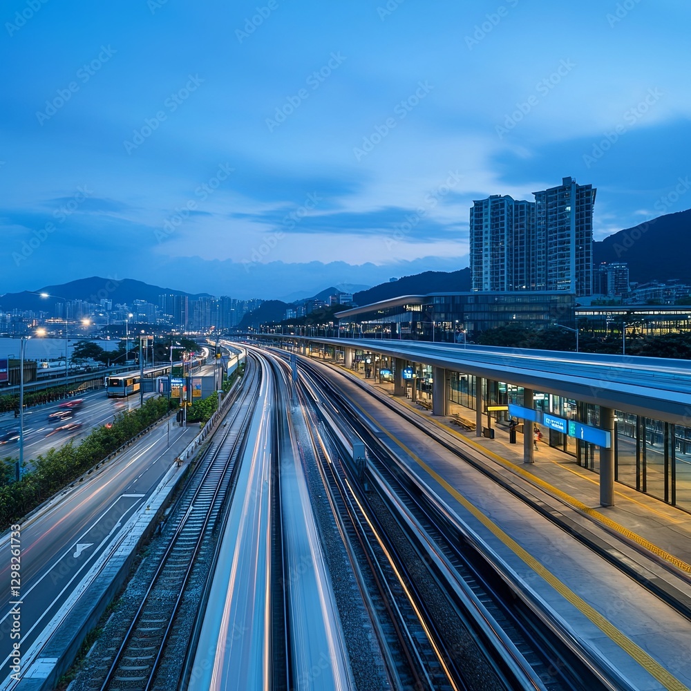 Fototapeta premium Landscape view of a light trails at blue hour on a busy traffic and Light Railway Transit station on the right side with long exposure technique
