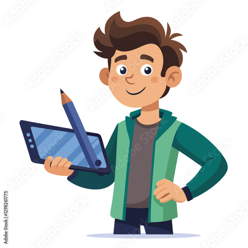 Digital art illustrator holding huge electronic pen, sketching and drawing. Professional illustrator. Flat modern illustration isolated vector image on white background 