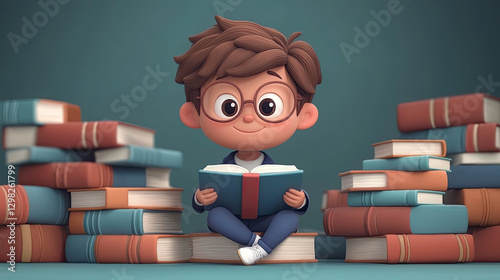 Cartoon boy reading book surrounded by books