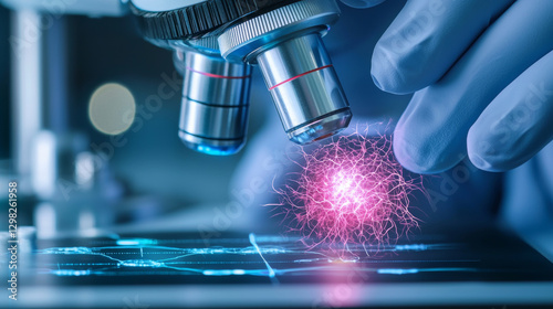 scientist examines neural activity under microscope, highlighting optogenetics