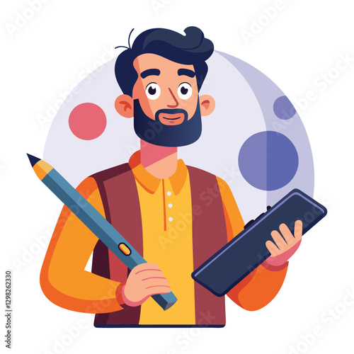 Digital art illustrator holding huge electronic pen, sketching and drawing. Professional illustrator. Flat modern illustration isolated vector image on white background 