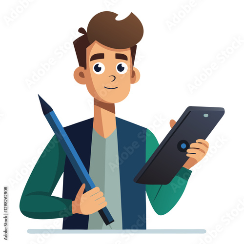 Digital art illustrator holding huge electronic pen, sketching and drawing. Professional illustrator. Flat modern illustration isolated vector image on white background 
