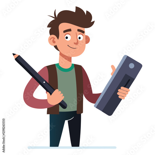 Digital art illustrator holding huge electronic pen, sketching and drawing. Professional illustrator. Flat modern illustration isolated vector image on white background 