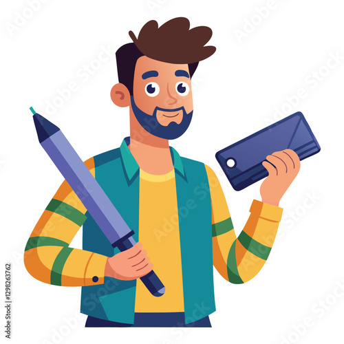 Digital art illustrator holding huge electronic pen, sketching and drawing. Professional illustrator. Flat modern illustration isolated vector image on white background 