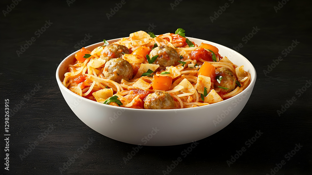 Close Up Image Of Pasta And Meatballs Served In White Bowl With Tomato Sauce And Parmesan Cheese Close Up Image Of Pasta And Meatballs Served In White Bowl With Tomato Sauce And Parmesan Cheese