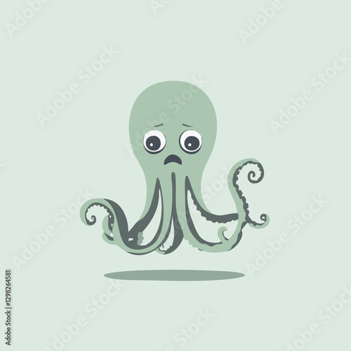 Vector illustration of a cute, sad octopus with soft green colors, suitable for children’s books or educational materials.