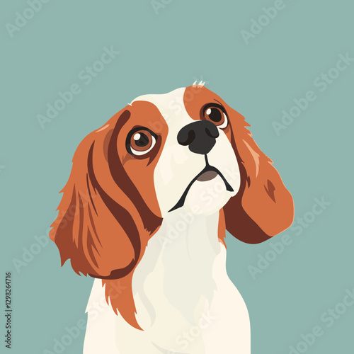 Vector illustration of a curious Cavalier King Charles Spaniel with expressive eyes against a soft teal background, ideal for pet-related designs.
