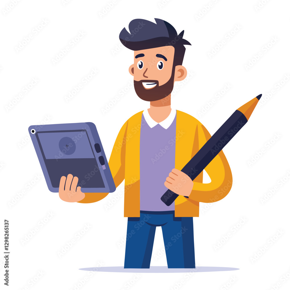 Digital art illustrator holding huge electronic pen, sketching and drawing. Professional illustrator. Flat modern illustration isolated vector image on white background Digital art illustrator holding huge electronic pen, sketching and drawing. Professional illustrator. Flat modern illustration isolated vector image on white background