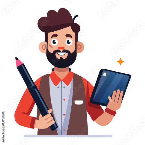 Digital art illustrator holding huge electronic pen, sketching and drawing. Professional illustrator. Flat modern illustration isolated vector image on white background 