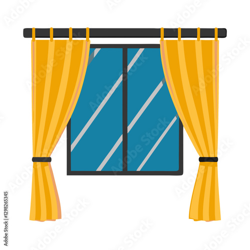 Window with yellow curtains and blue glass panes