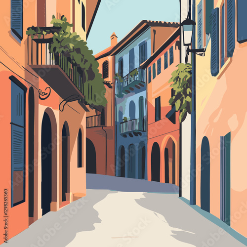 Vector illustration of a charming European street, featuring colorful buildings, balconies, and lush greenery, ideal for travel themes.