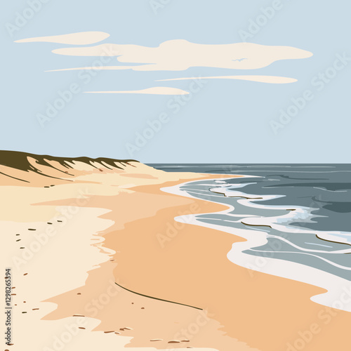 Vector Illustration of a Serene Beach Landscape: Soft Sands and Gentle Waves for Relaxation Themes
