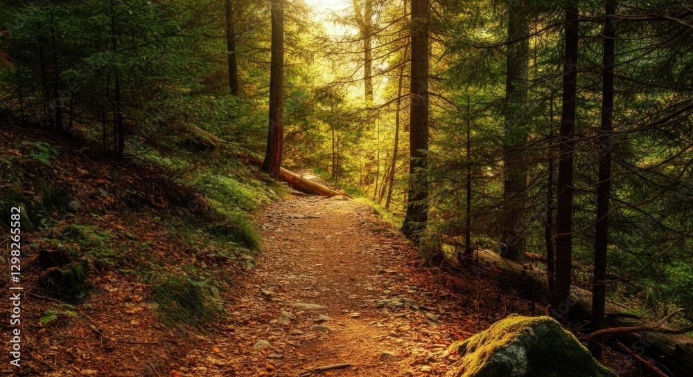 Fototapeta premium Scenic forest path covered in autumn leaves, surrounded by tall trees, illuminated soft sunlight