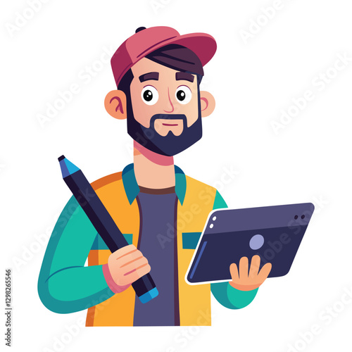 Digital art illustrator holding huge electronic pen, sketching and drawing. Professional illustrator. Flat modern illustration isolated vector image on white background 