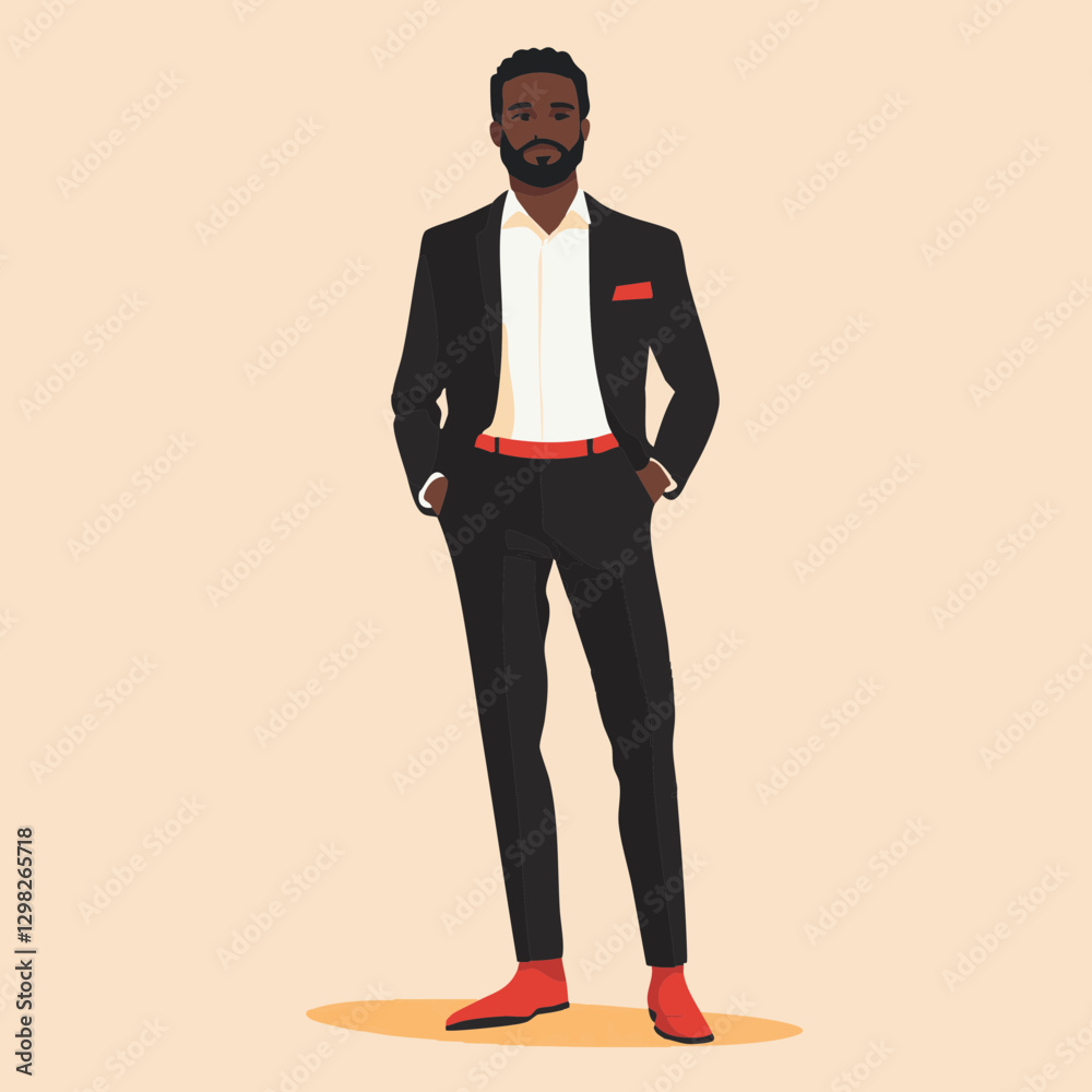 Stylish Vector Illustration of a Man in a Black Suit with Red Accents, Ideal for Business and Fashion Themes Stylish Vector Illustration of a Man in a Black Suit with Red Accents, Ideal for Business and Fashion Themes