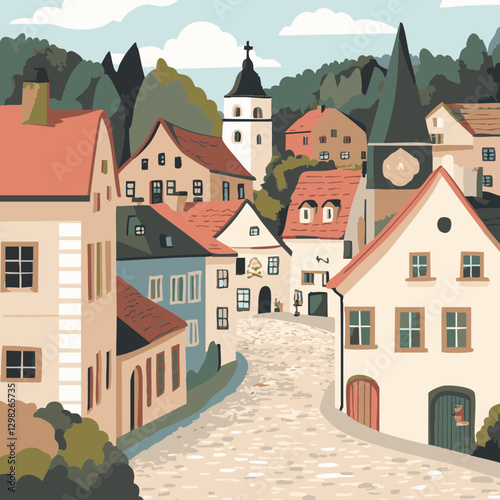 Vector illustration of a quaint village with colorful houses and a cobblestone street, perfect for travel-related designs.