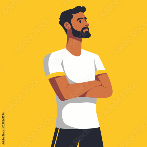 Vector illustration of a confident man with arms crossed, wearing a white shirt on a bright yellow background. Ideal for lifestyle and motivation themes.