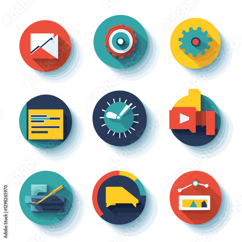 Colorful Icons Depicting Business Data Analysis and Digital Strategy Tools