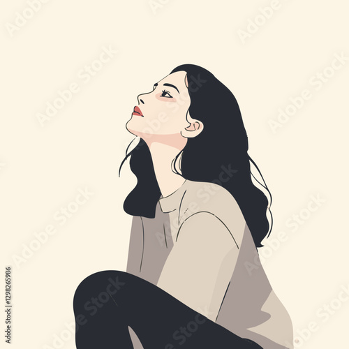 Vector illustration of a woman with long dark hair, gazing thoughtfully upward in a minimalist style, ideal for personal growth themes.