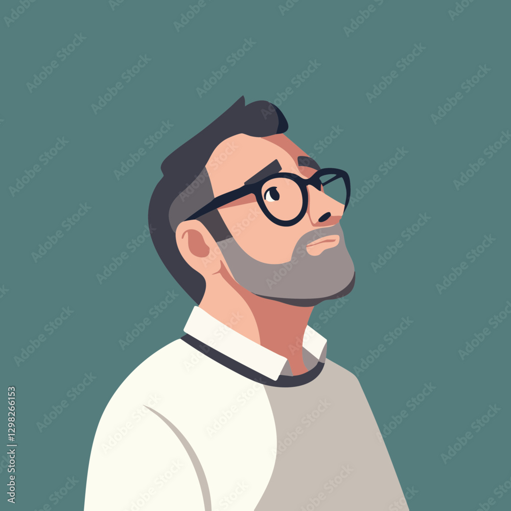 Vector illustration of a thoughtful man with glasses, featuring a stylish beard and modern attire, ideal for lifestyle and professional themes.